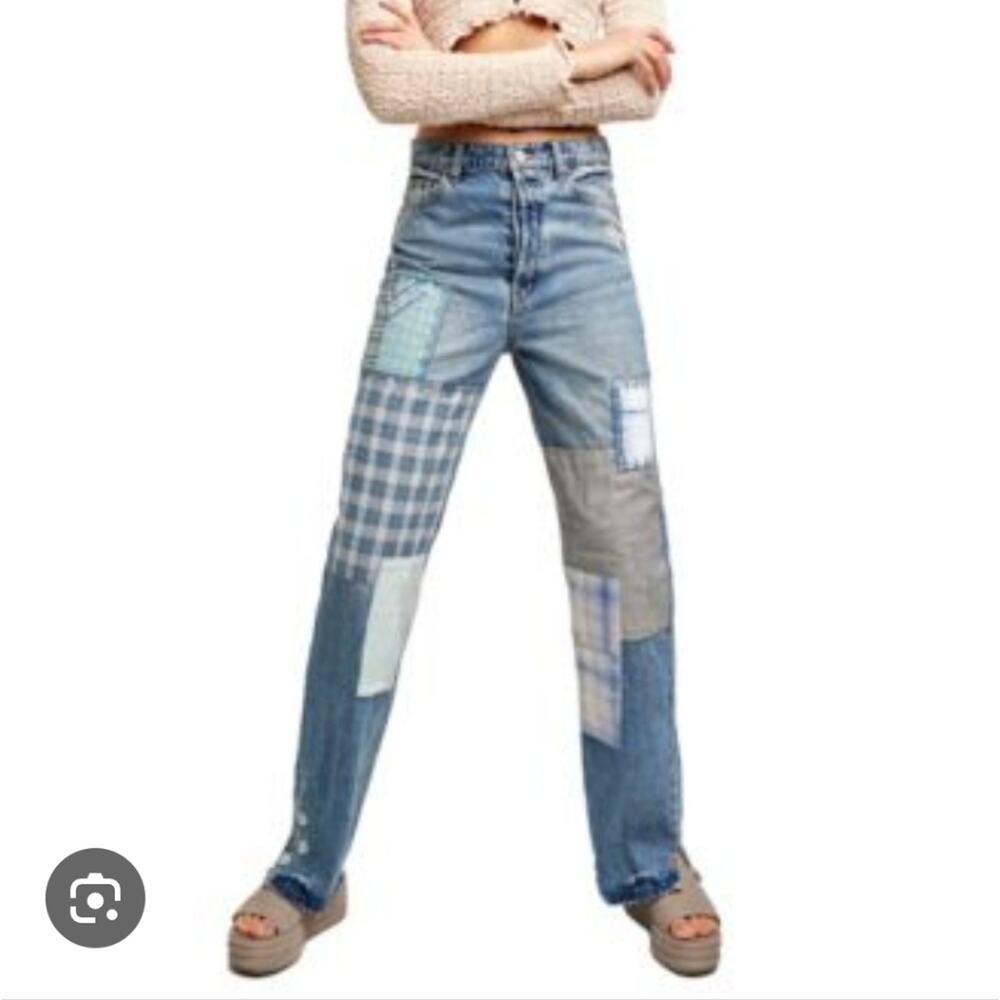 Free People Patchwork Straight-Leg Jeans in Light & Medium Blue